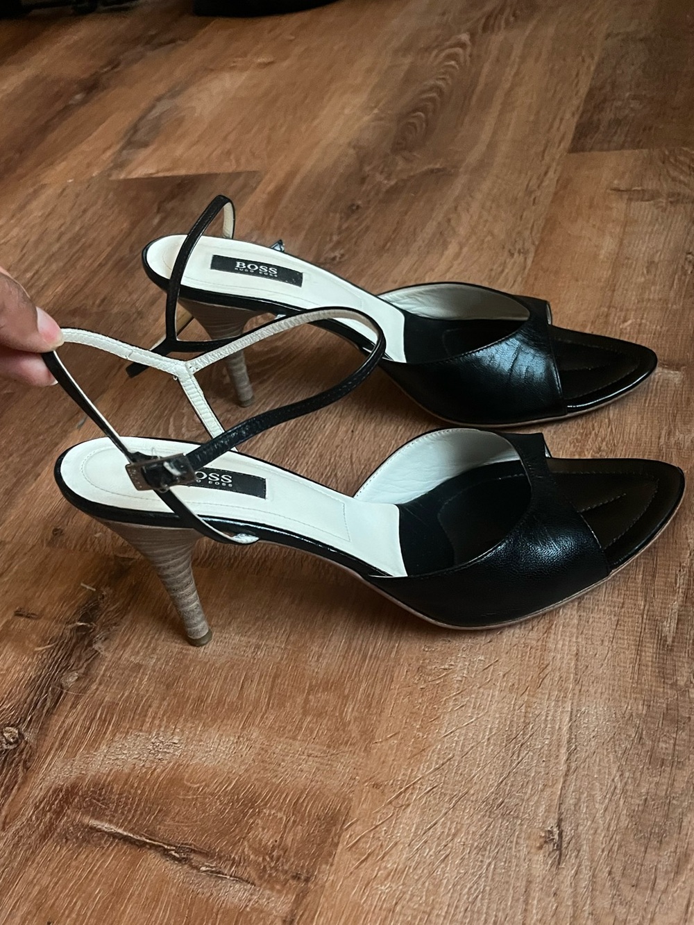 BOSS Black Leather Open-Toe Slingback Heels